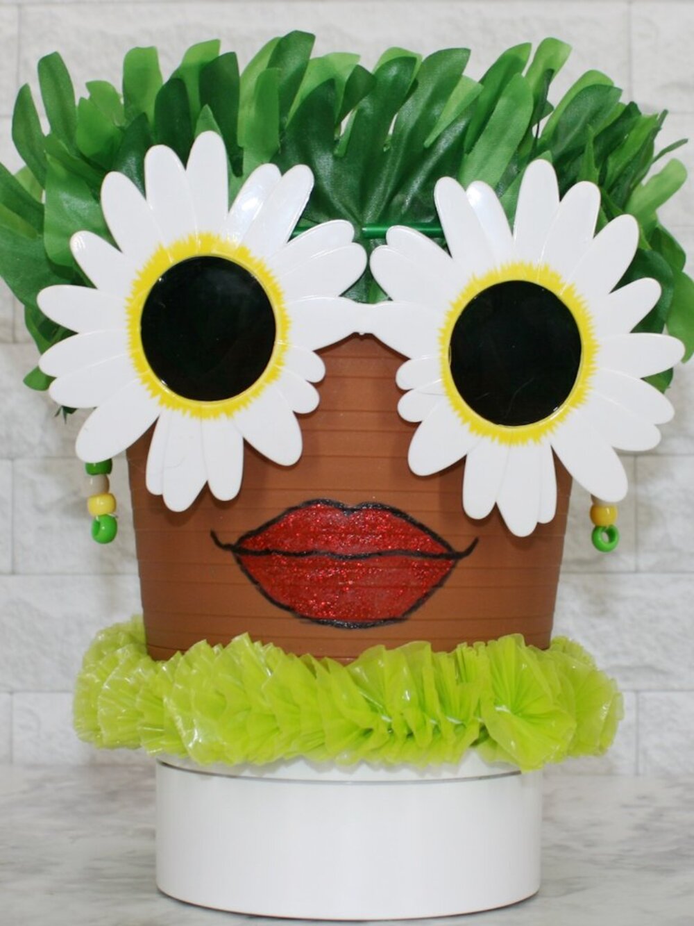 HAND CRAFTED Pot Head Daisy Floral Planter Upcycled Lady Face Luau Decor